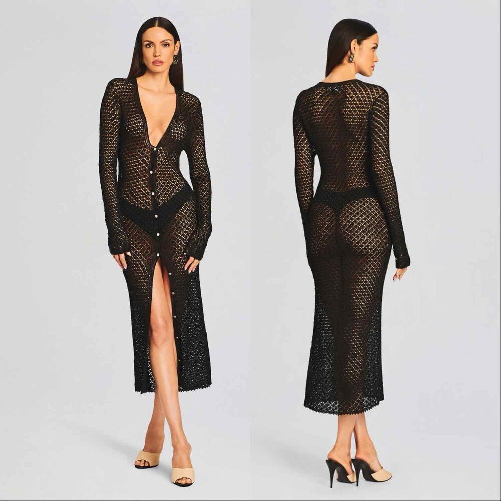 Ser.O.Ya Allison Crochet Button Down Maxi Cardigan Cover Up Black Beach XS S